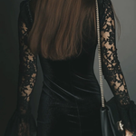 Black Velvet Mini Dress with Bell Sleeves and Lace — view 6