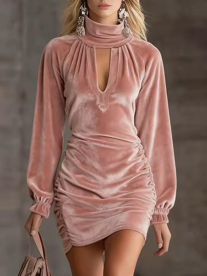 Mini Velvet Dress with High Neck and Neckline