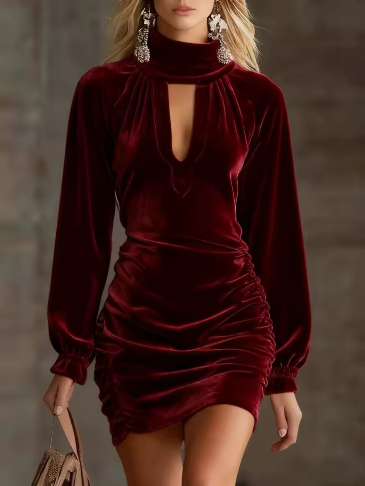 Mini Velvet Dress with High Neck and Neckline — view 2