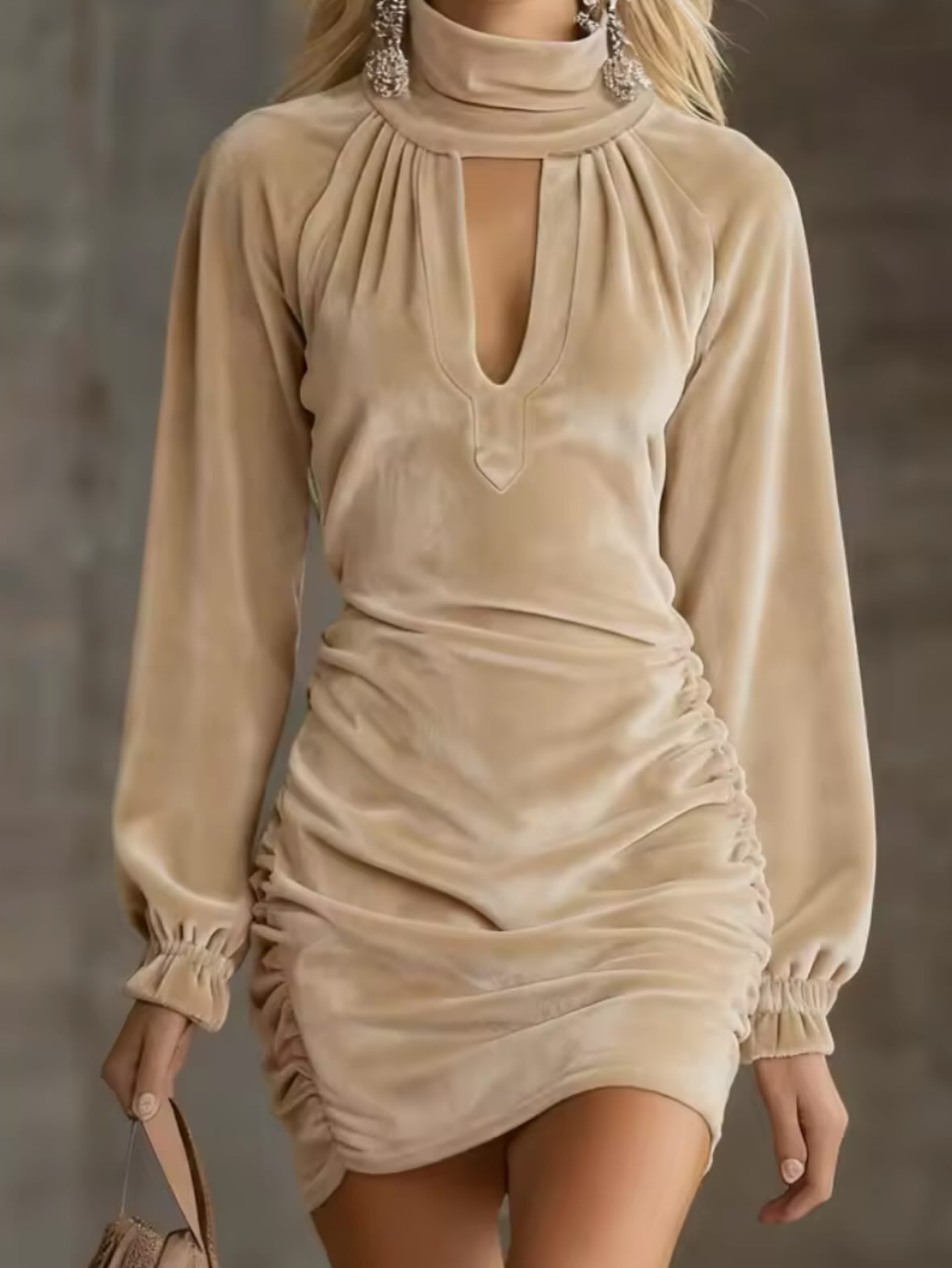 Mini Velvet Dress with High Neck and Neckline — view 6