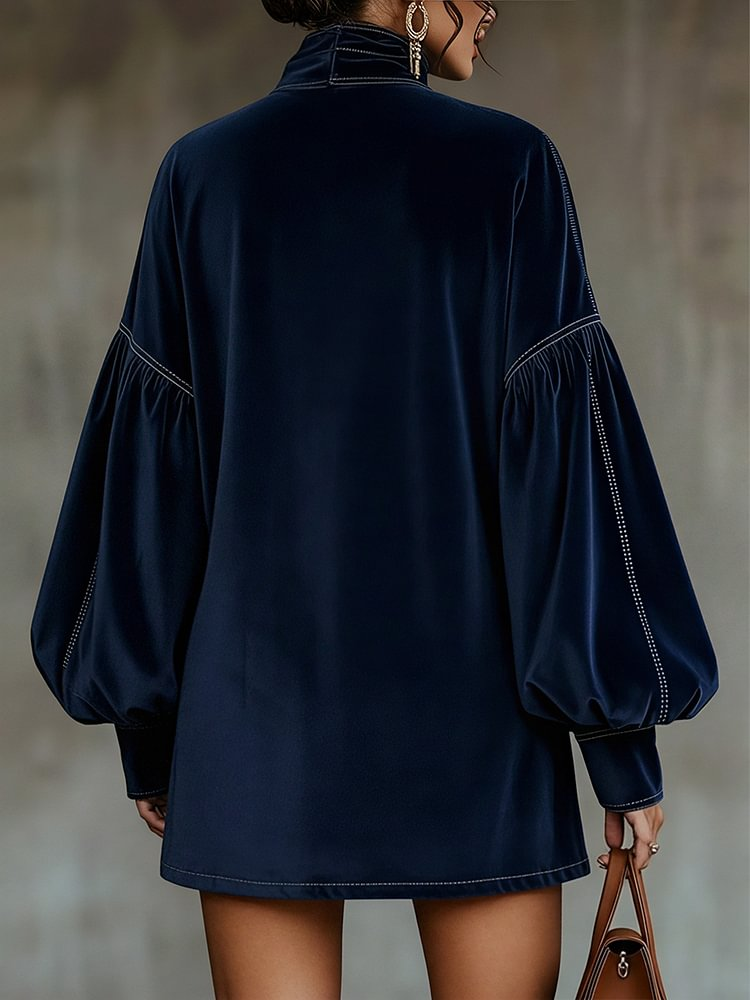 Dark Blue Velvet Mini Dress with Puff Sleeves — view 4