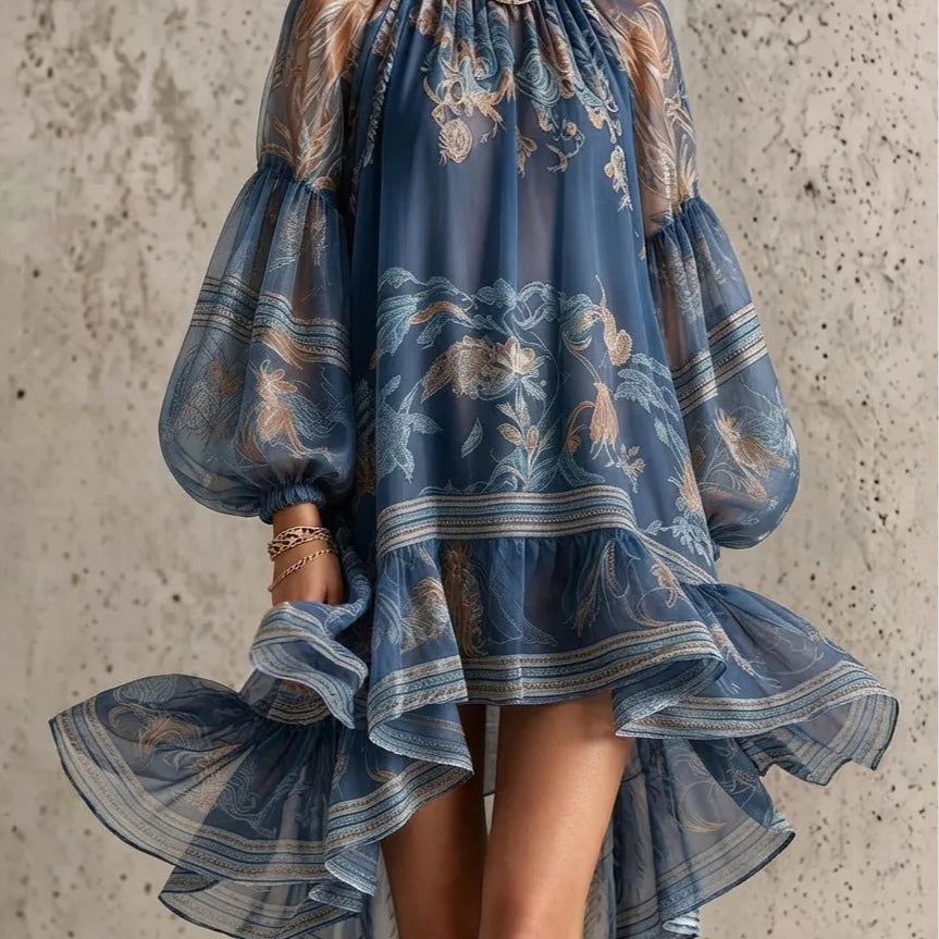Retro Chiffon Dress with Print and Long Sleeves