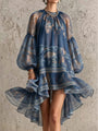Retro Chiffon Dress with Print and Long Sleeves
