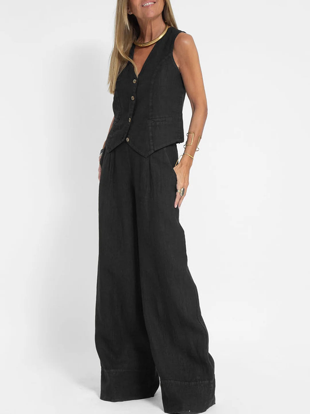 Aira - Vest with Buttons & Wide-Leg Pants Set — view 4