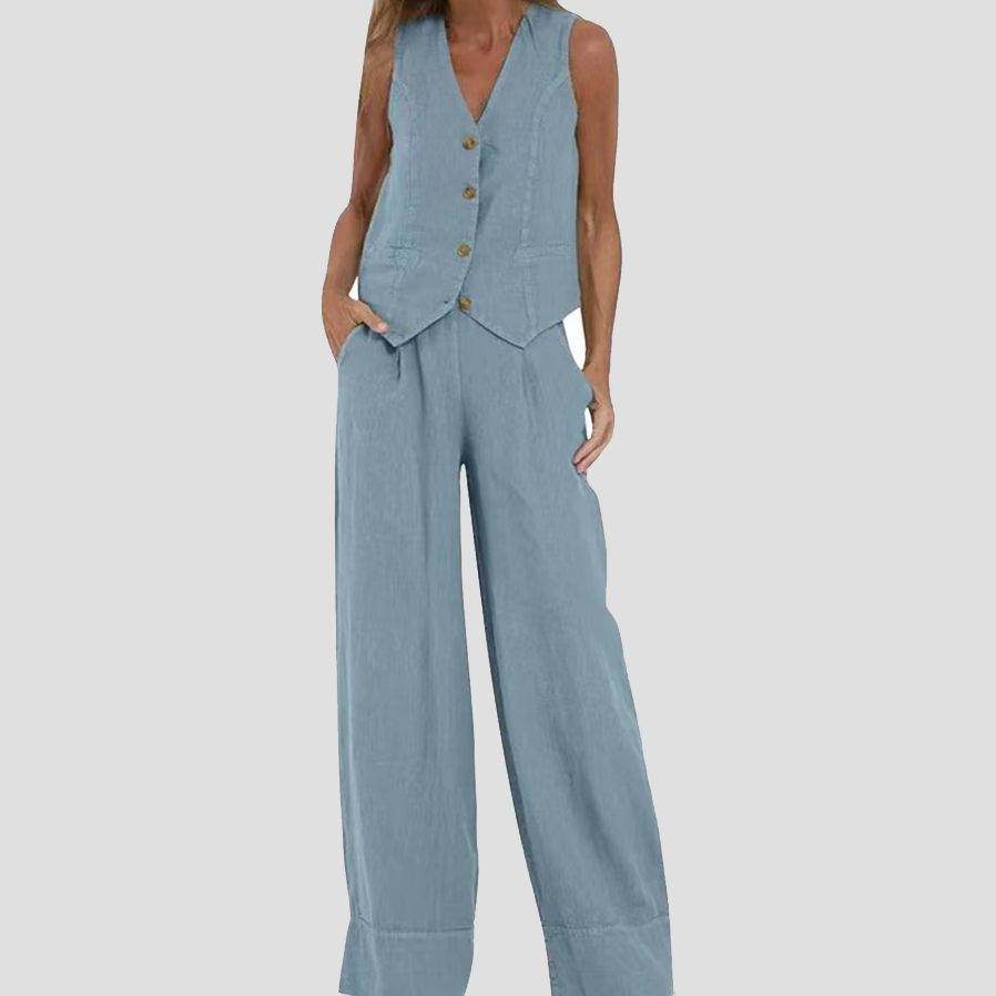 Aira - Vest with Buttons & Wide-Leg Pants Set