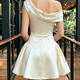 Satin Mini Dress with Asymmetric Shoulders and 3D Flowers — view 2
