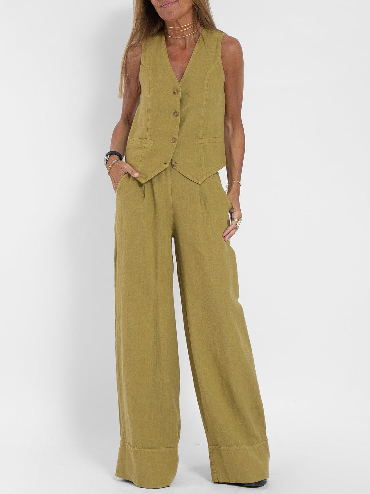 Aira - Vest with Buttons & Wide-Leg Pants Set — view 3