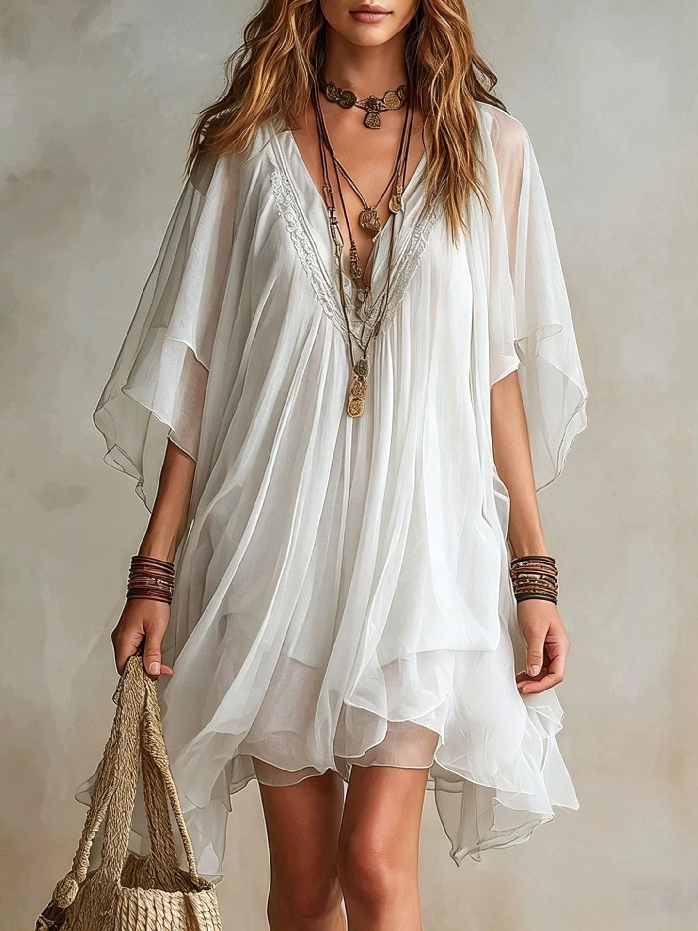Green Chiffon Mini Dress with V-Neck — view 3