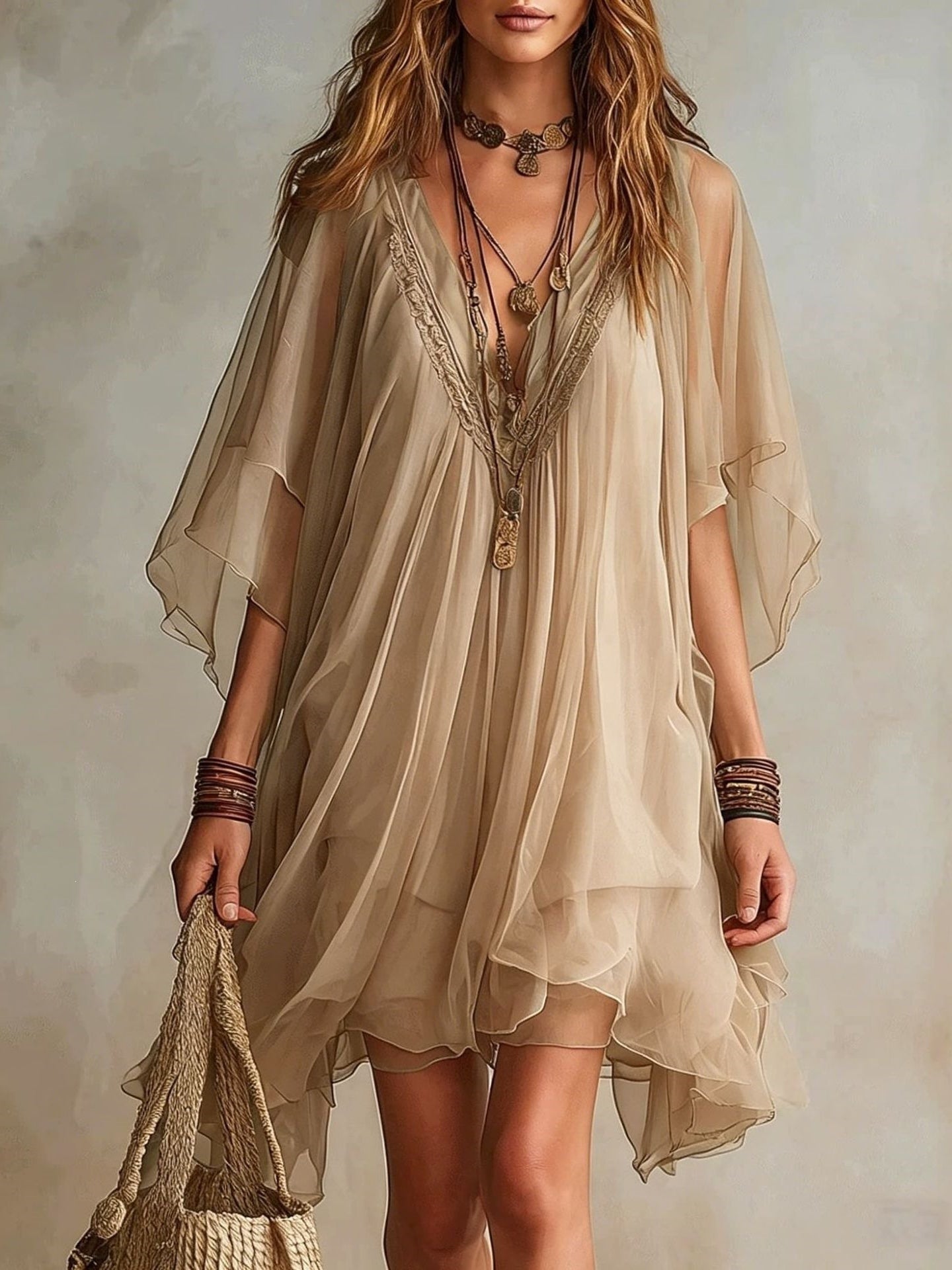 Green Chiffon Mini Dress with V-Neck — view 5