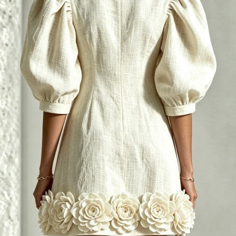 White Mini Dress with Puff Sleeves and 3D Flowers — view 2