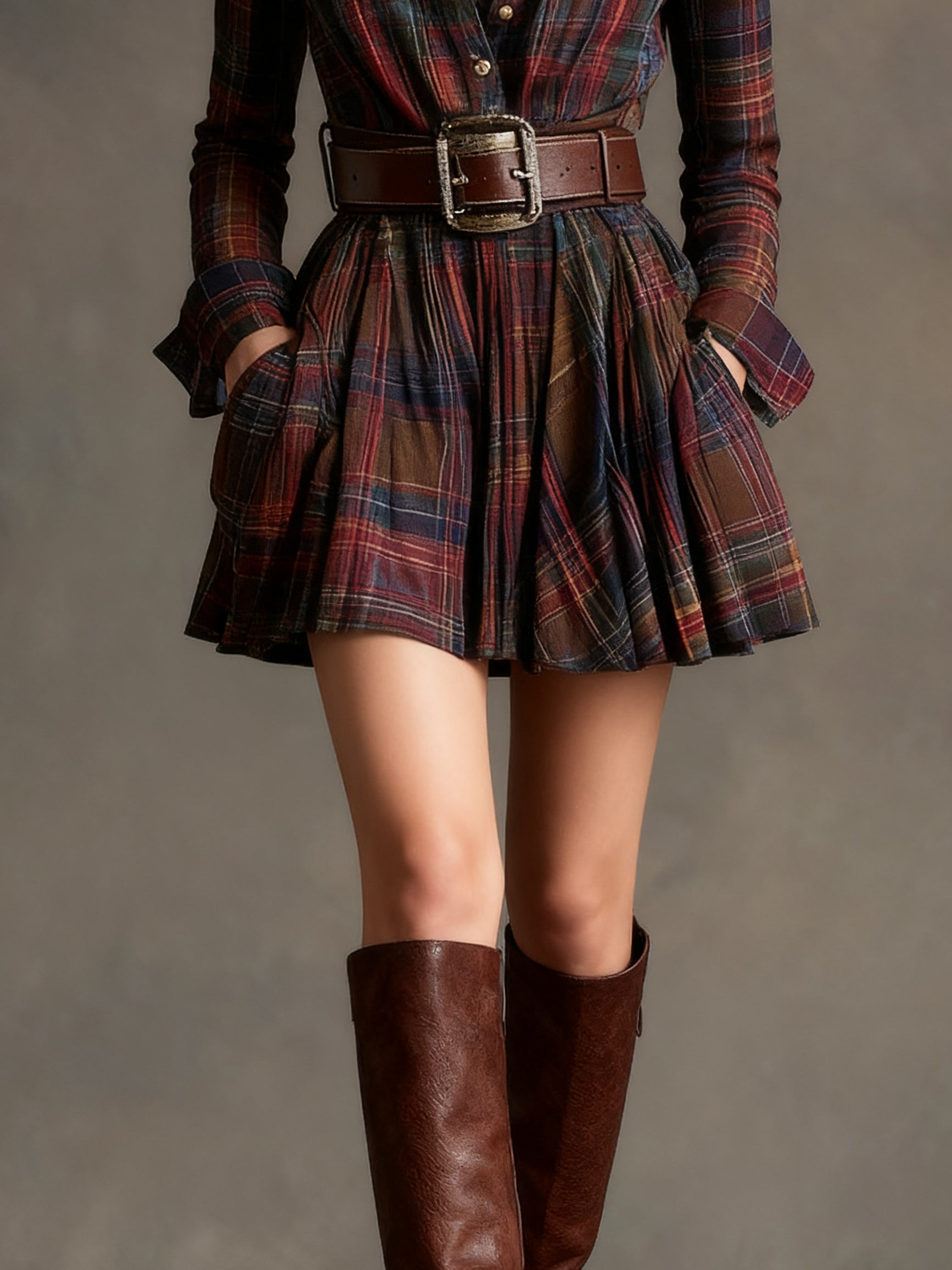 Red and Brown Checked Retro Mini Dress, with Belt — view 6