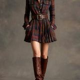 Red and Brown Checked Retro Mini Dress, with Belt