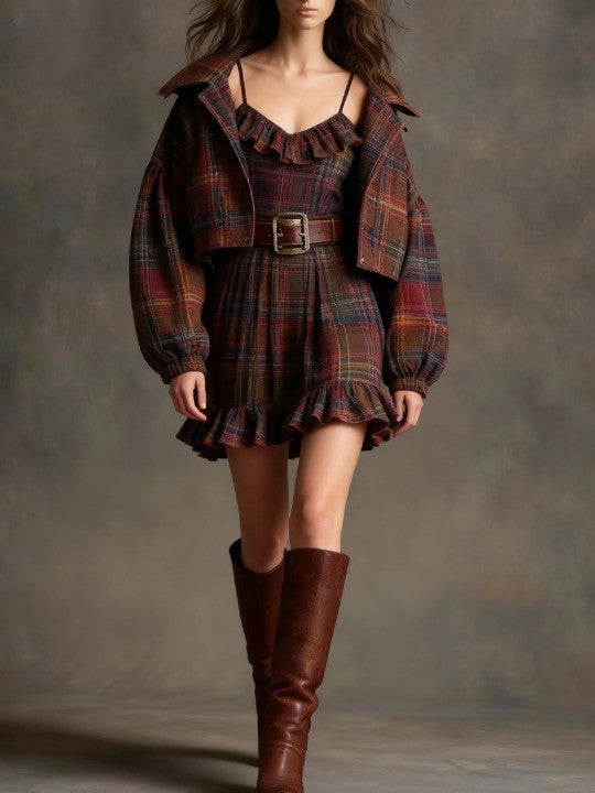 Checked Ruffled Mini Dress with Relaxed Coat (with Belt) — view 4