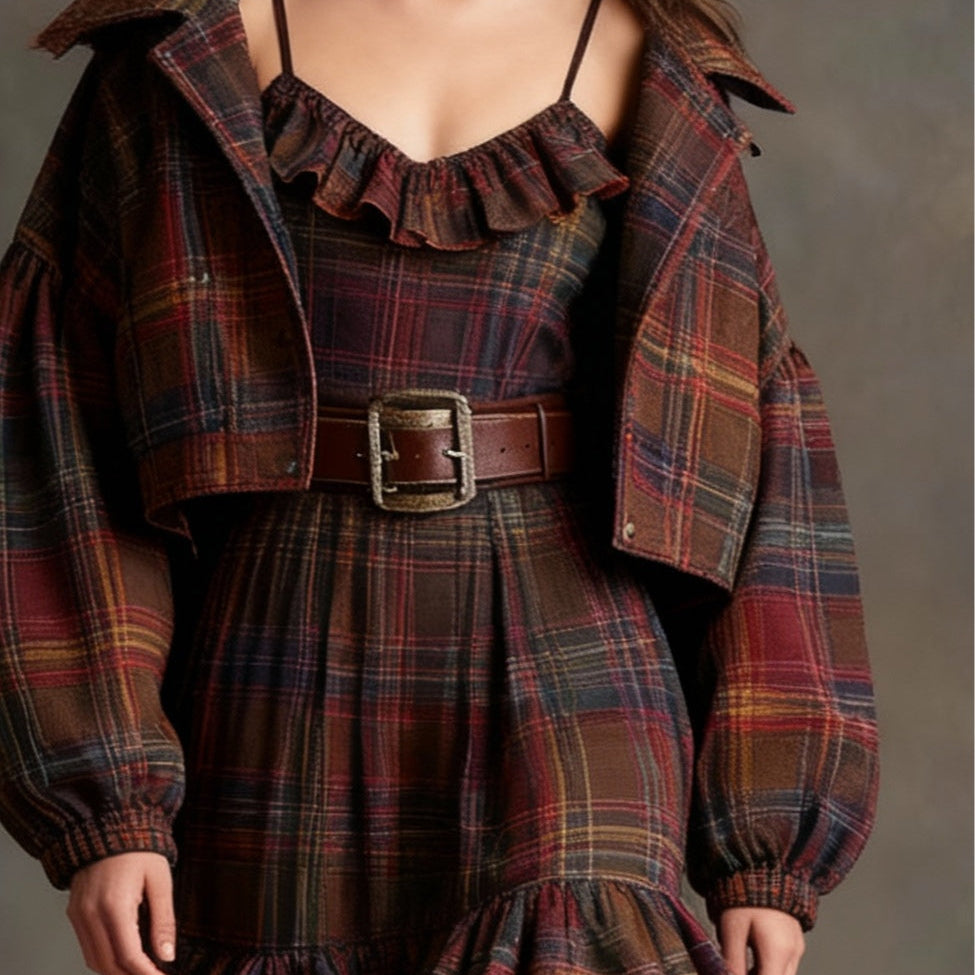 Checked Ruffled Mini Dress with Relaxed Coat (with Belt)