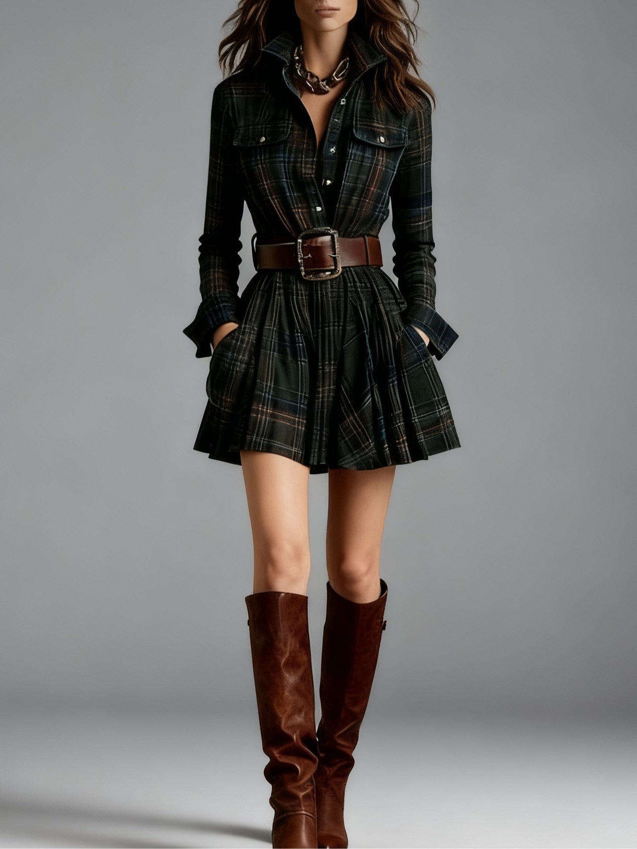 Red and Brown Checked Retro Mini Dress, with Belt — view 2