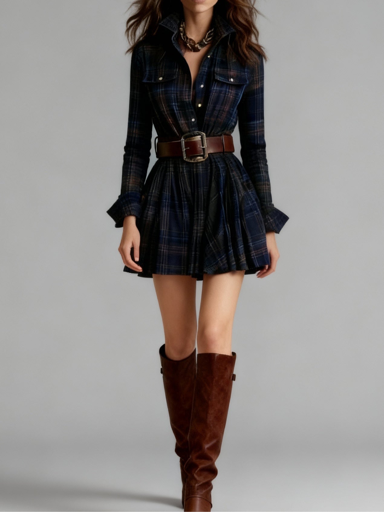 Red and Brown Checked Retro Mini Dress, with Belt — view 3