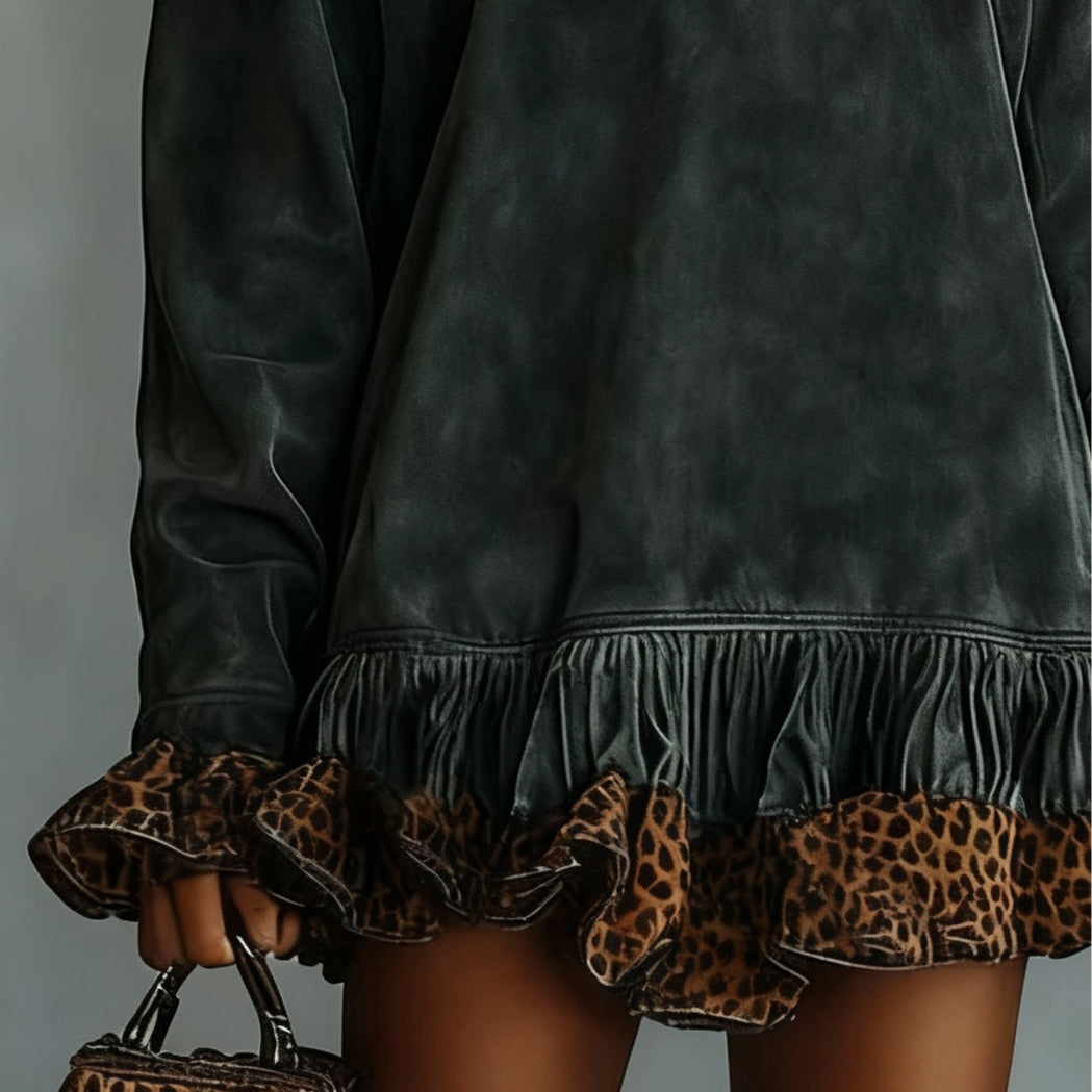 Mini Suede Dress with High Neck and Leopard Print — view 2