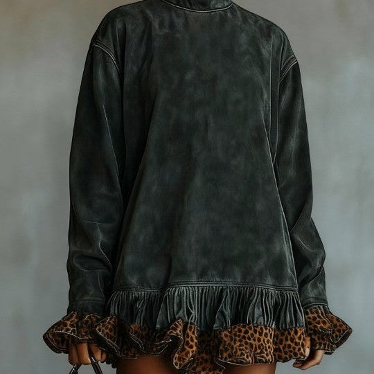Mini Suede Dress with High Neck and Leopard Print