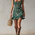 Green Bohemian Sleeveless Mini Dress with Print