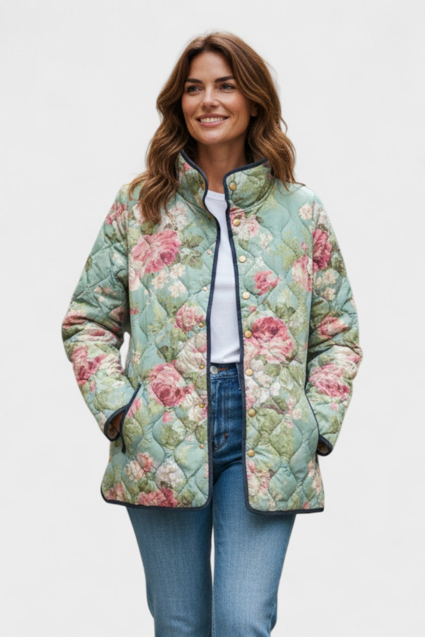 Gesa™ | Quilted Jacket with Large Roses in Sage — view 2