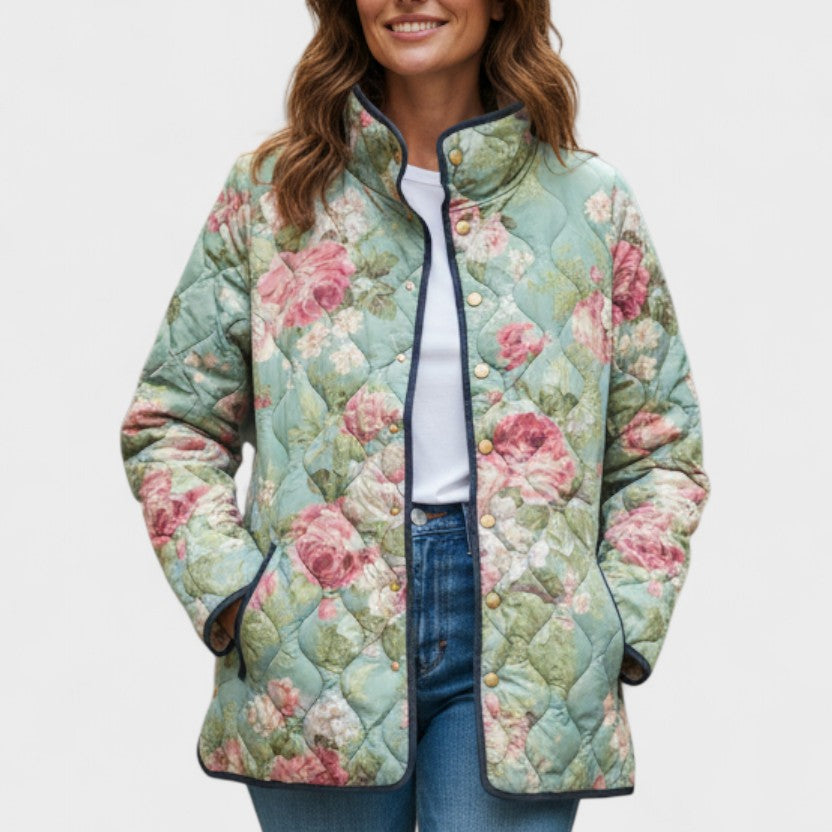 Gesa™ | Quilted Jacket with Large Roses in Sage — view 2