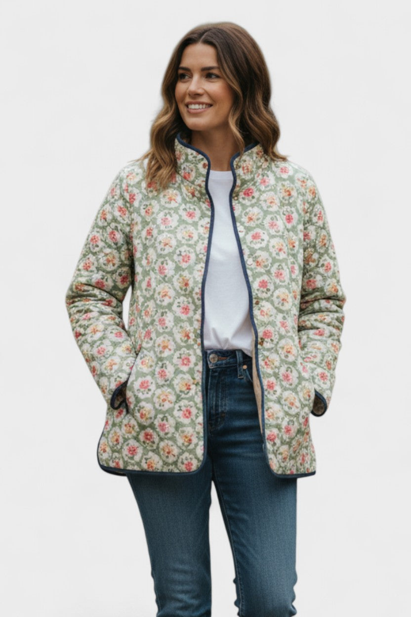 Traudel™ | Quilted Jacket with Roses on Sage — view 2