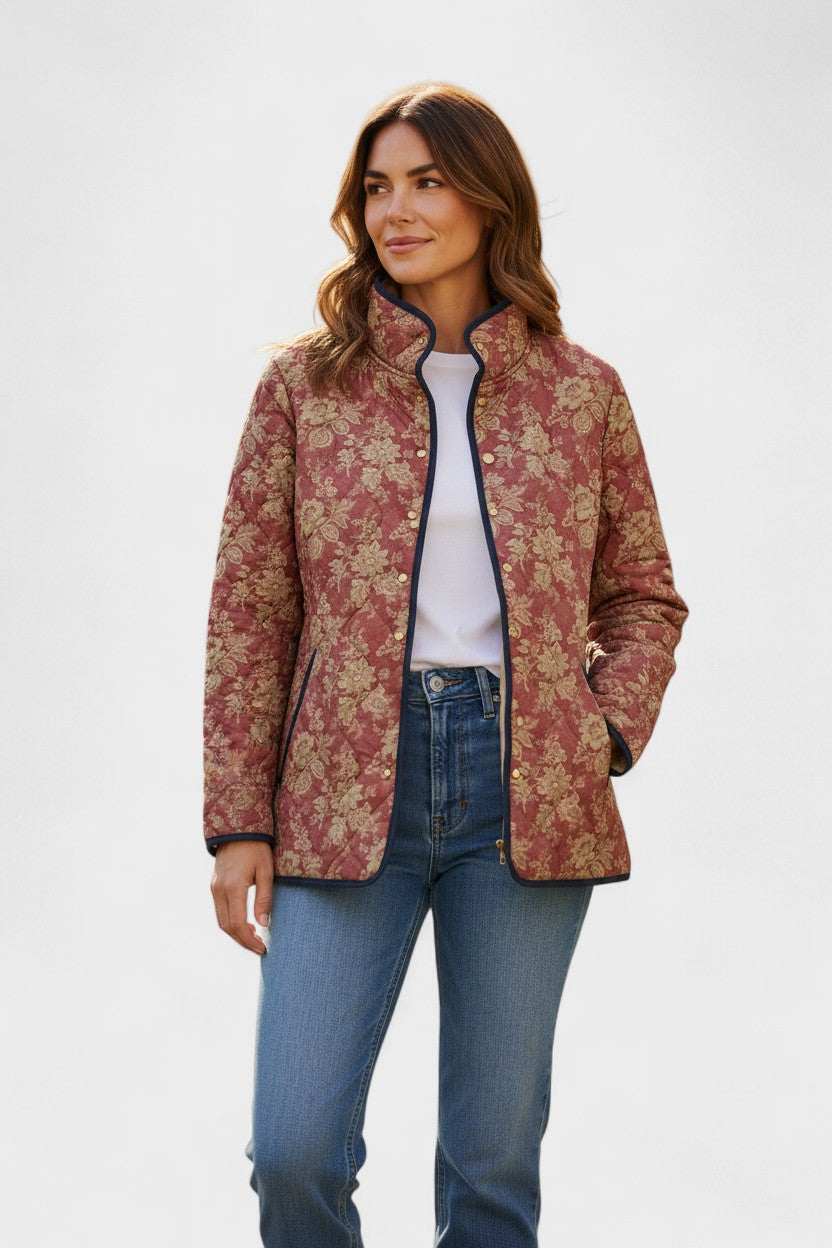 Berit™ | Quilted Jacket with Blossoms in Rust Red — view 2