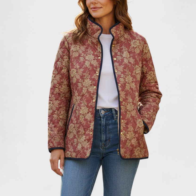 Berit™ | Quilted Jacket with Blossoms in Rust Red — view 2