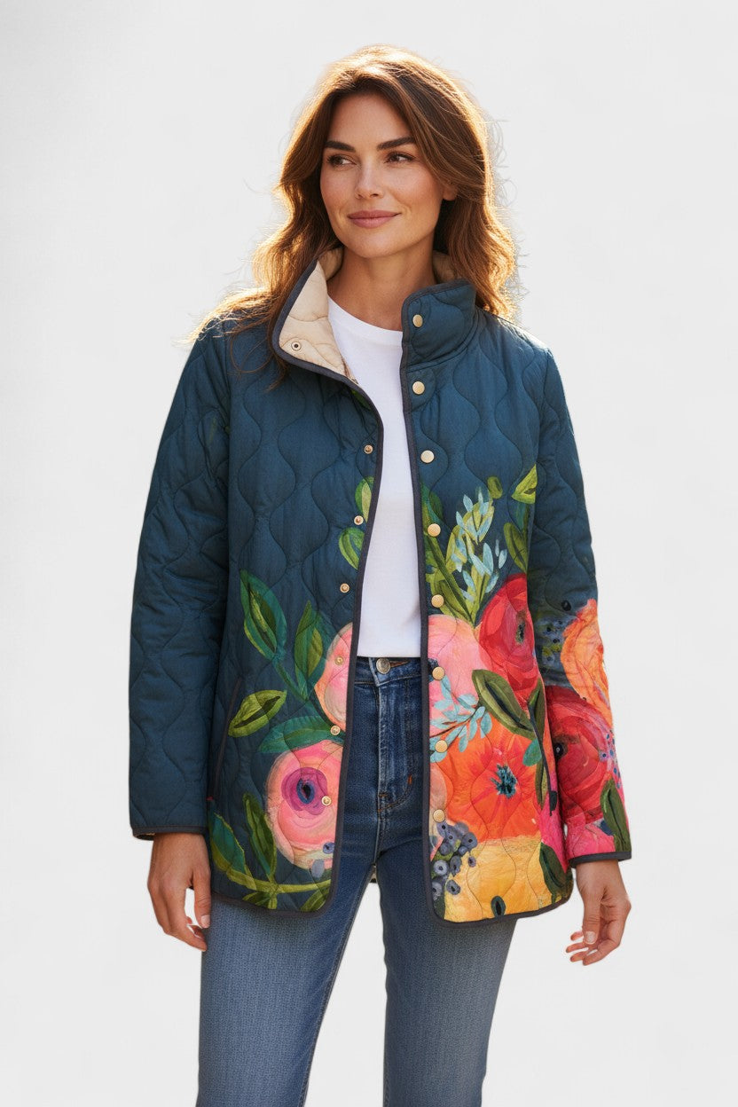 Wilma™ | Quilted Jacket with Flowers on Navy — view 2