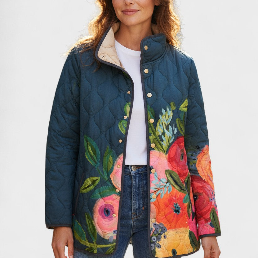 Wilma™ | Quilted Jacket with Flowers on Navy — view 2