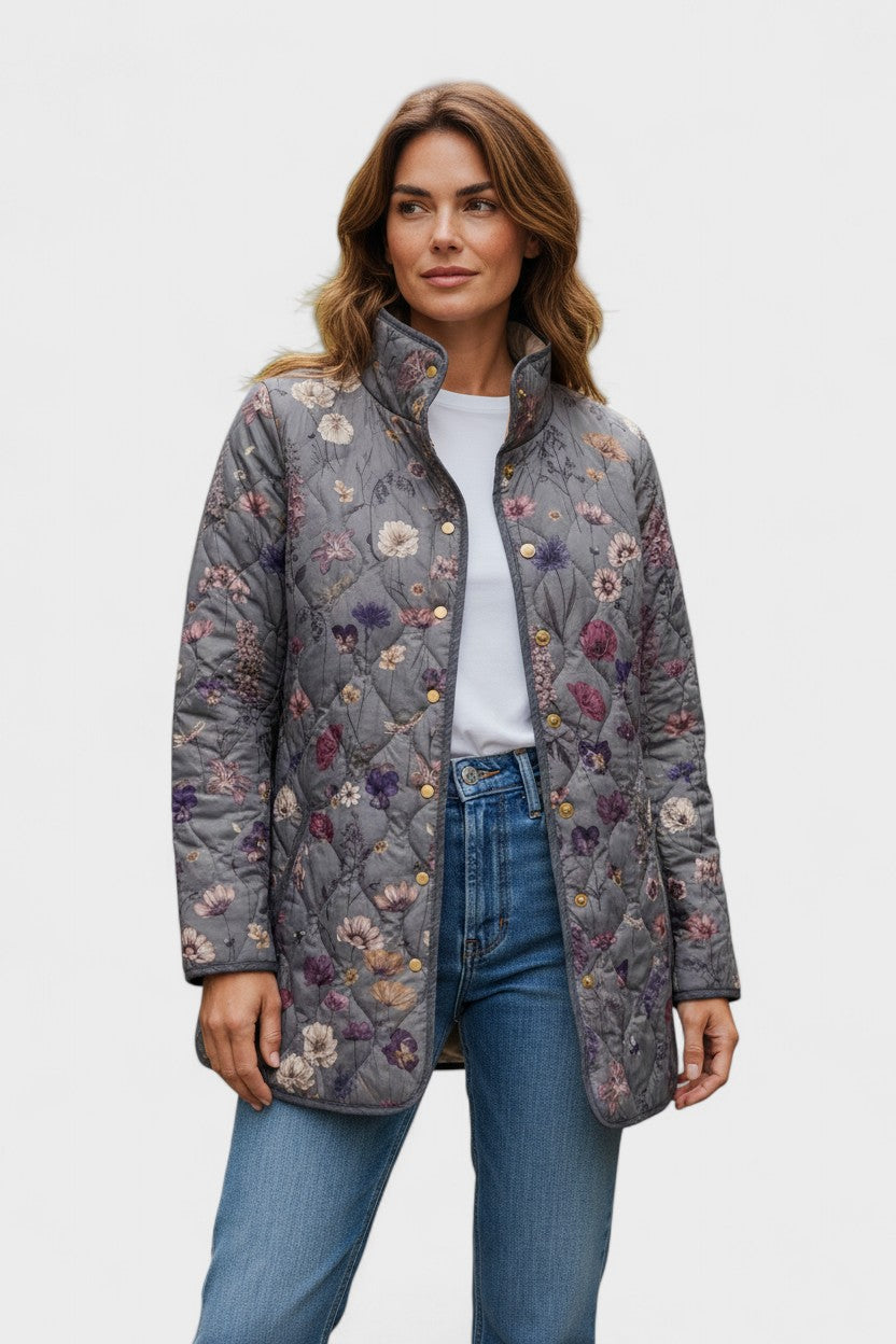 Mechthild™ | Quilted Jacket with Flower Print in Grey — view 2
