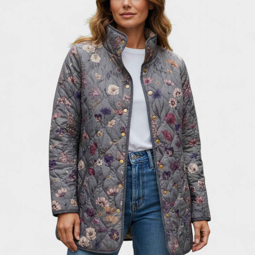 Mechthild™ | Quilted Jacket with Flower Print in Grey — view 2