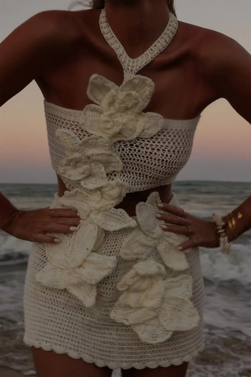 Margaret - Knit Mini Dress with Floral Pattern and Halter Neck — view 6