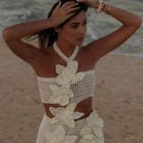 Margaret - Knit Mini Dress with Floral Pattern and Halter Neck