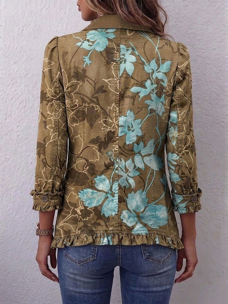 Jutta™ | Blazer in Olive with Turquoise Flowers