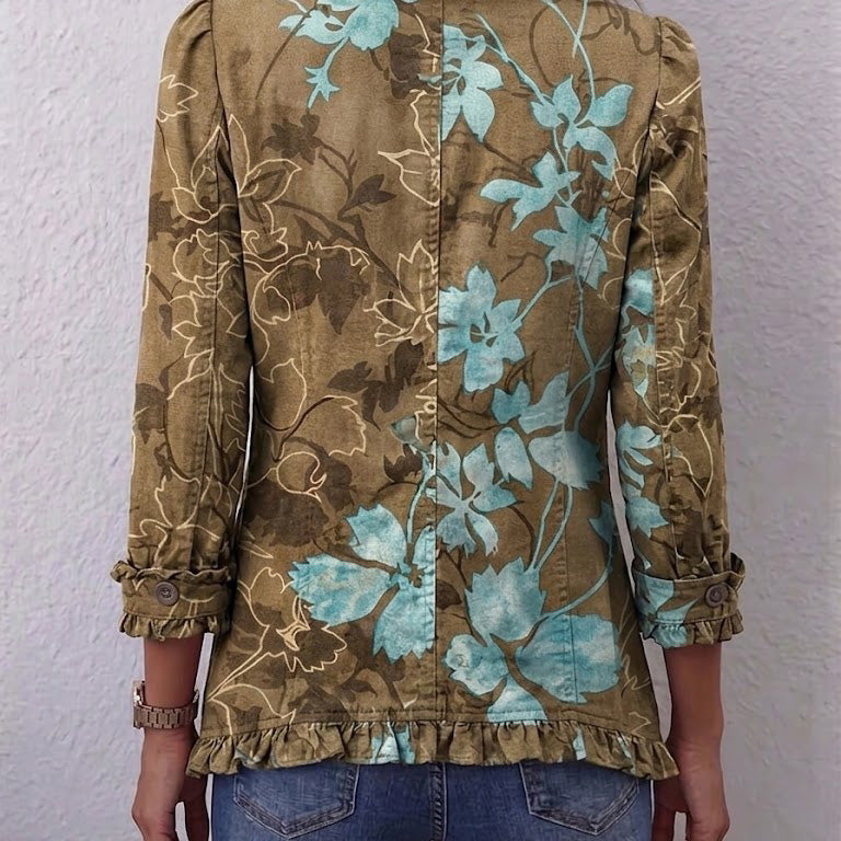 Jutta™ | Blazer in Olive with Turquoise Flowers