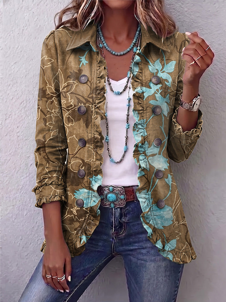 Jutta™ | Blazer in Olive with Turquoise Flowers — view 2