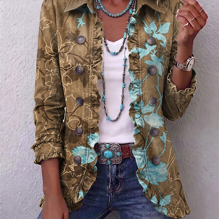 Jutta™ | Blazer in Olive with Turquoise Flowers — view 2