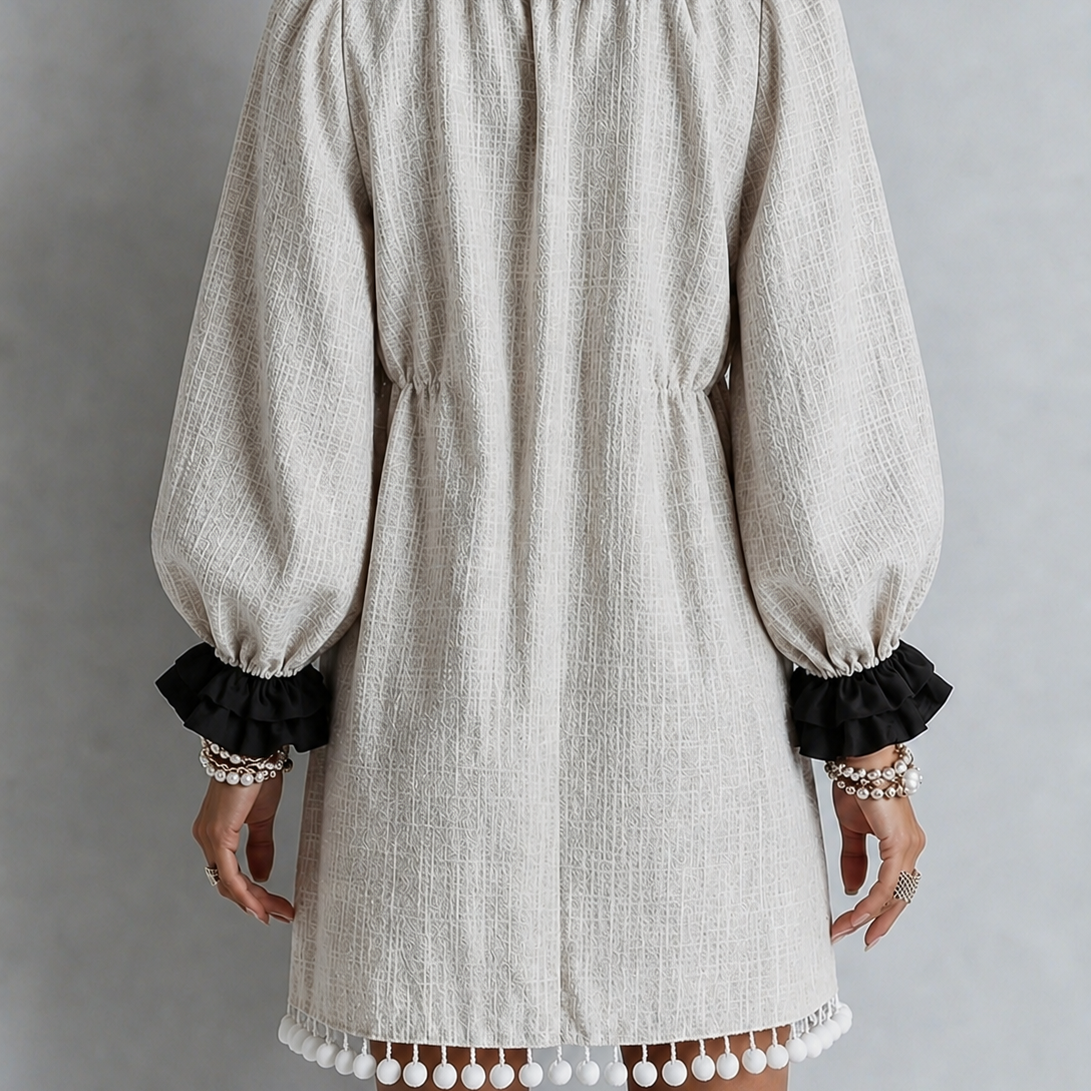 Two-Tone Mini Dress with Puff Sleeves and Frills — view 2