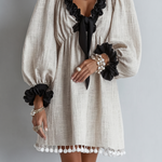 Two-Tone Mini Dress with Puff Sleeves and Frills