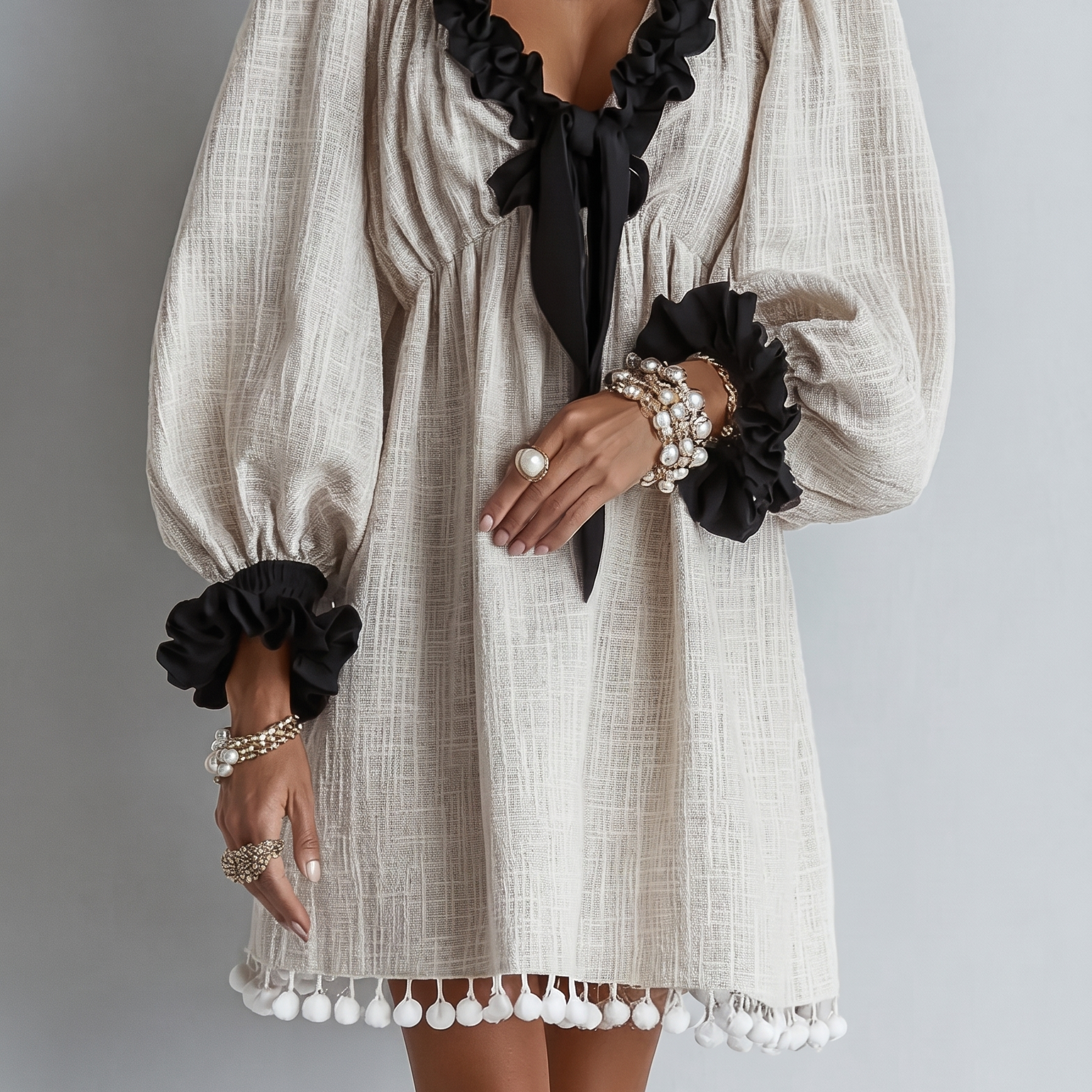 Two-Tone Mini Dress with Puff Sleeves and Frills