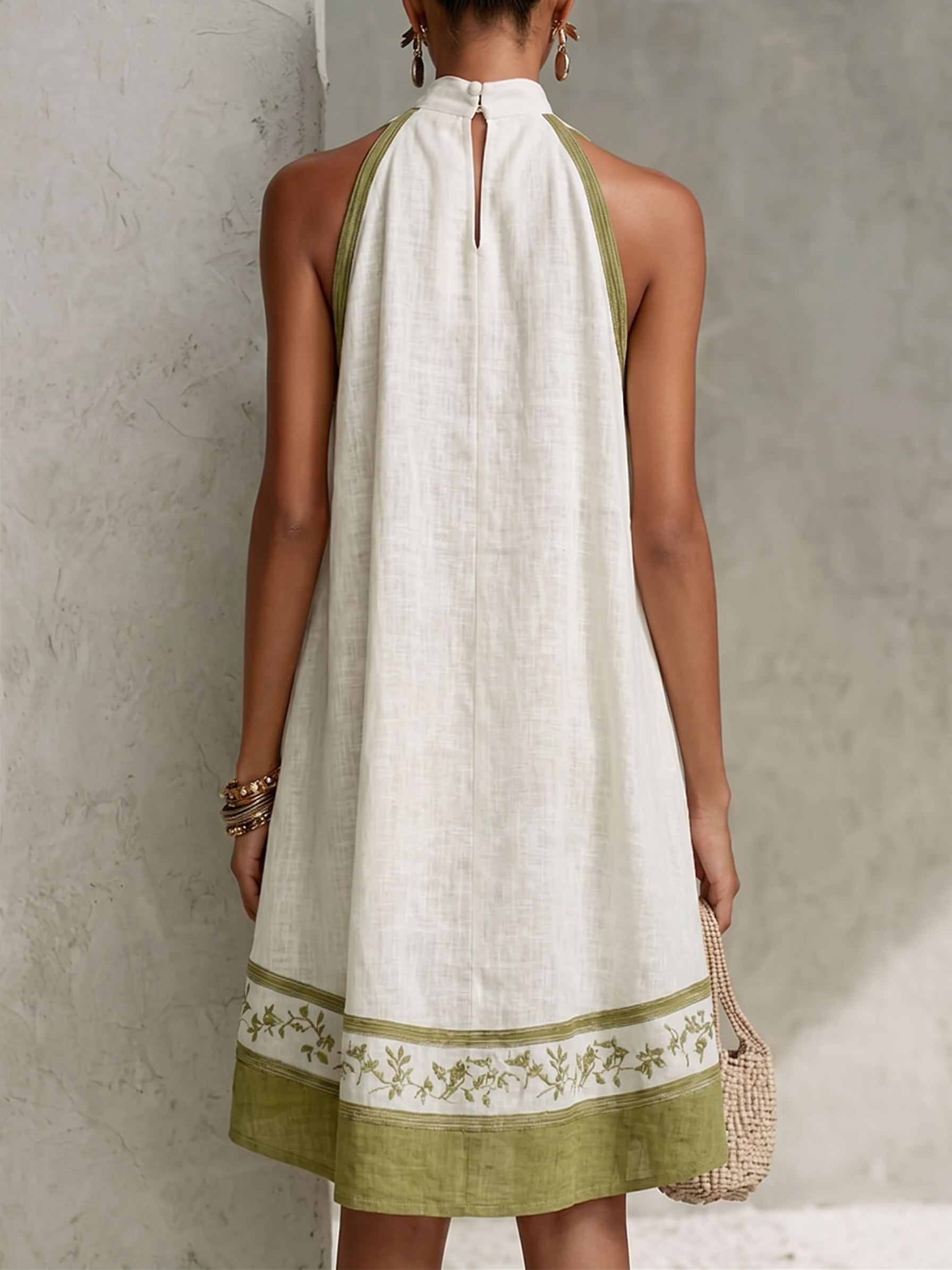 Sleeveless A-Line Mini Dress, White with Olive Green — view 3