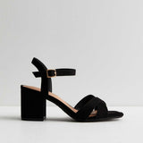 Wide Fit Black Suedette 2 Part Block Heel Sandals | New Look
